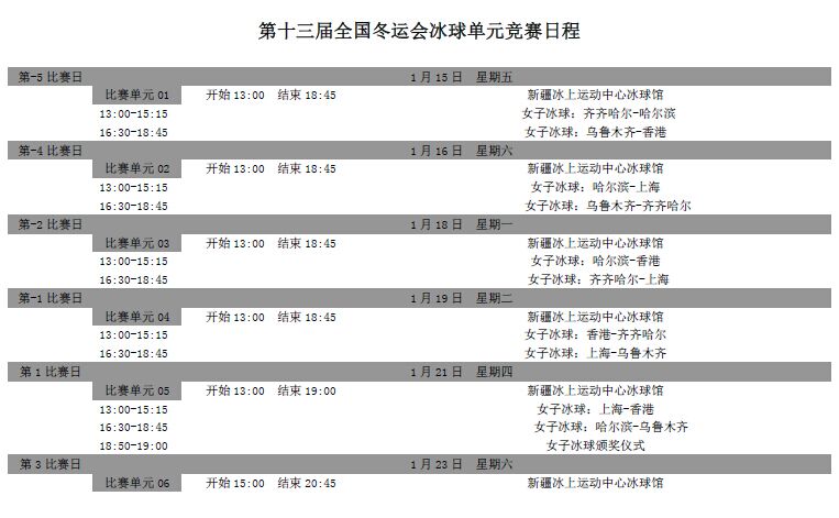 第十三届全国冬运会冰球单元竞赛日程